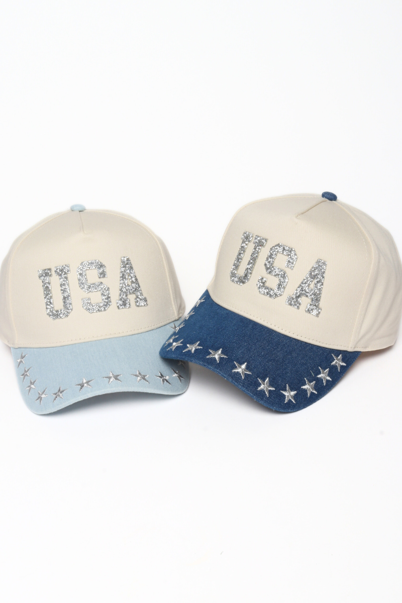 AMERICANA USA Patch Stars Embroidered Brim Two Tone Cap: Light Denim