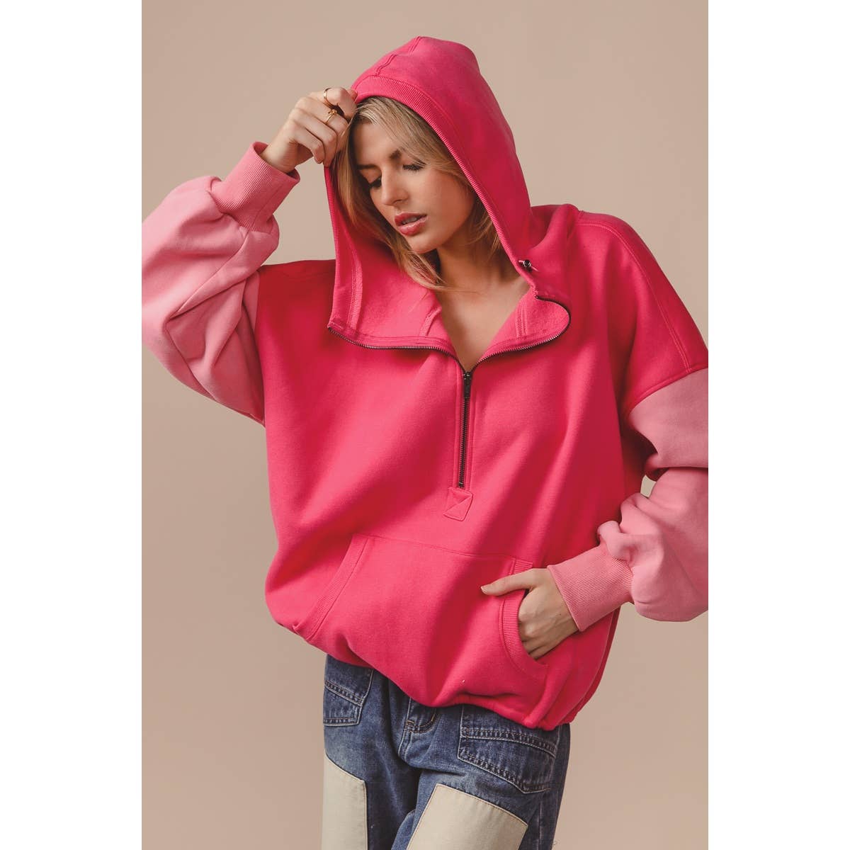 COLOR BLOCK ELASTIC HEM FLEECE HOODIE: PERIWINKLE MULTI / M
