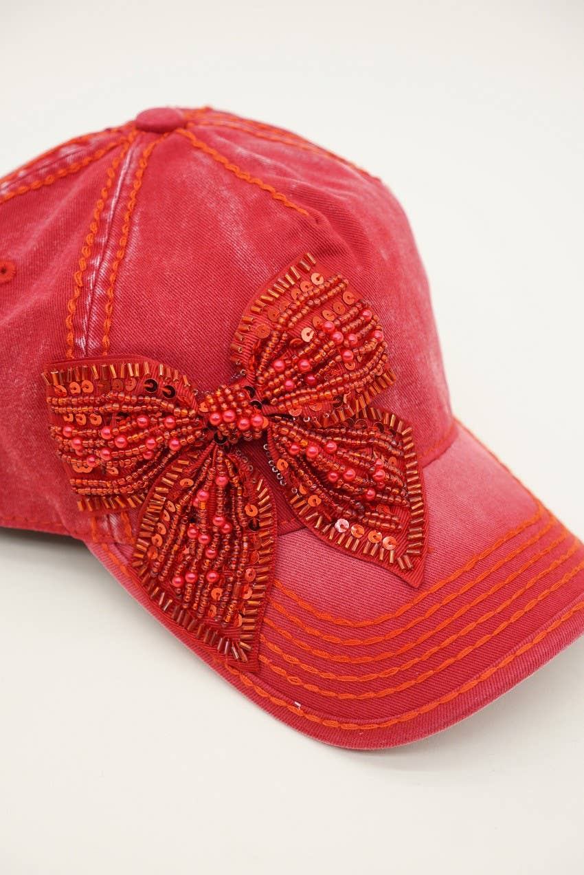 Bejeweled Bow Pearl Bling Glitz Ponytail Cap, Adjustable
: Black
