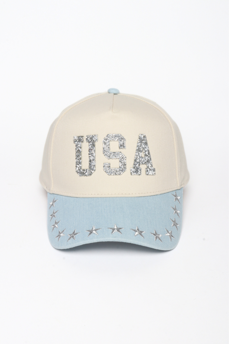 AMERICANA USA Patch Stars Embroidered Brim Two Tone Cap: Light Denim