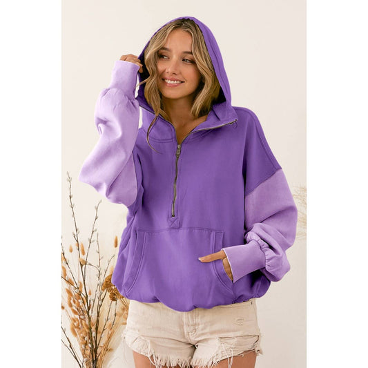 COLOR BLOCK ELASTIC HEM FLEECE HOODIE: PERIWINKLE MULTI / L