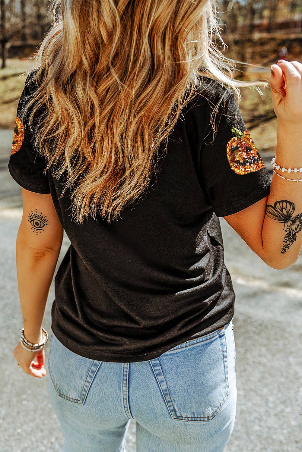 LDC Sequin Pumpkin Face Halloween T Shirt: Black / L
