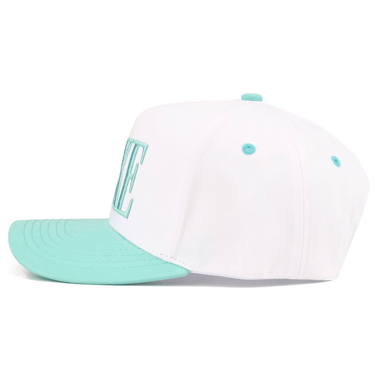 C.C LAKE Letter Embroidered Two Tone Trucker Hat: Sky Blue/White