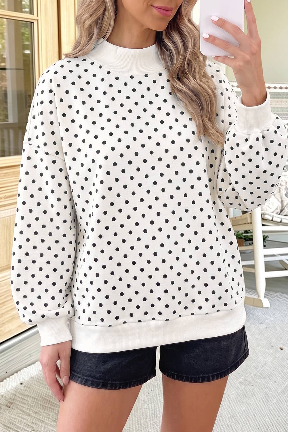 66 Plus Size F/W 26 Polka Dot Mock Neck Sweatshirt (S-4X): White / 2X