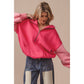 COLOR BLOCK ELASTIC HEM FLEECE HOODIE: PERIWINKLE MULTI / L