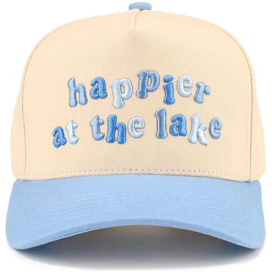 C.C HAPPIER AT THE LAKE Letter Two Tone Trucker Hat: Sky Blue