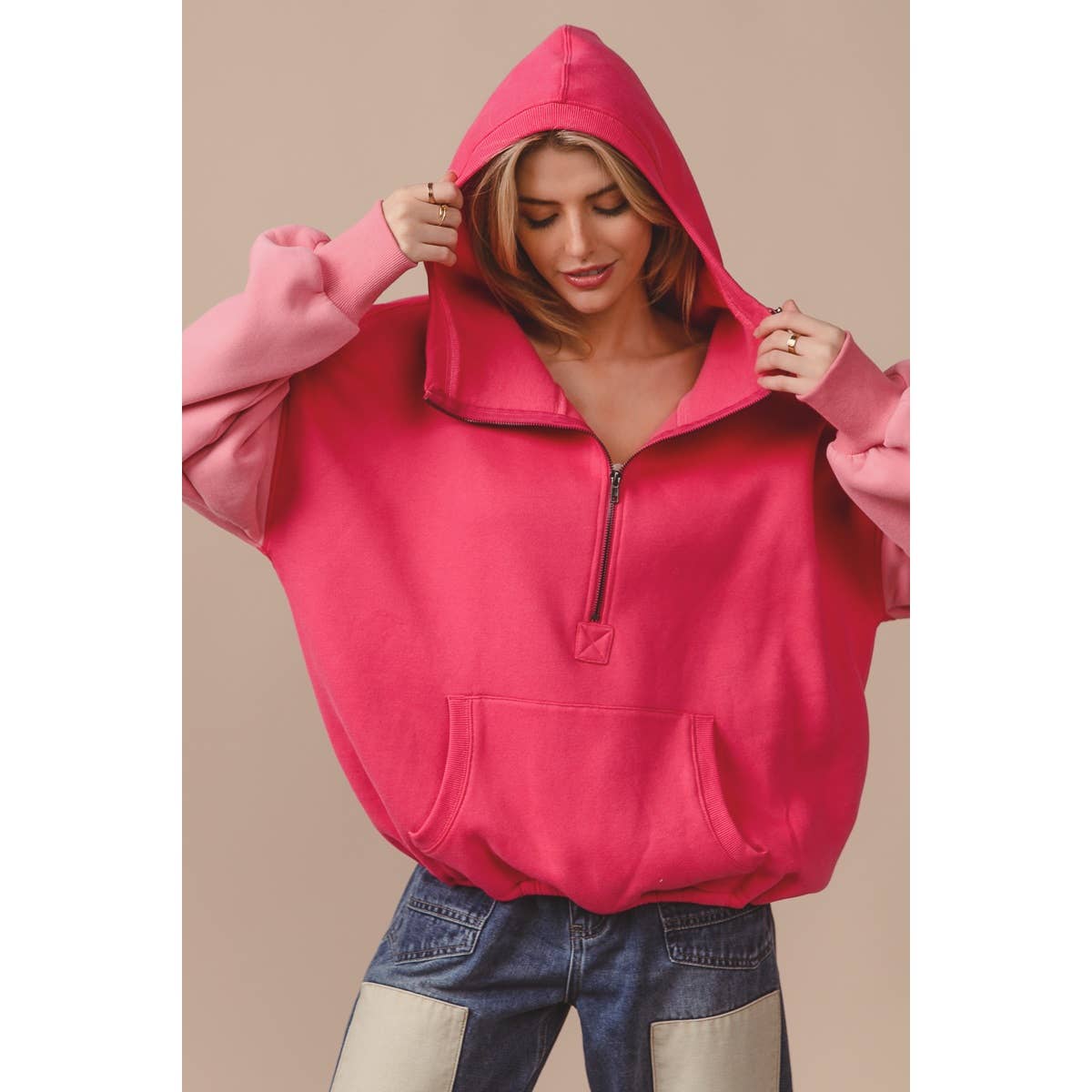 COLOR BLOCK ELASTIC HEM FLEECE HOODIE: PERIWINKLE MULTI / L
