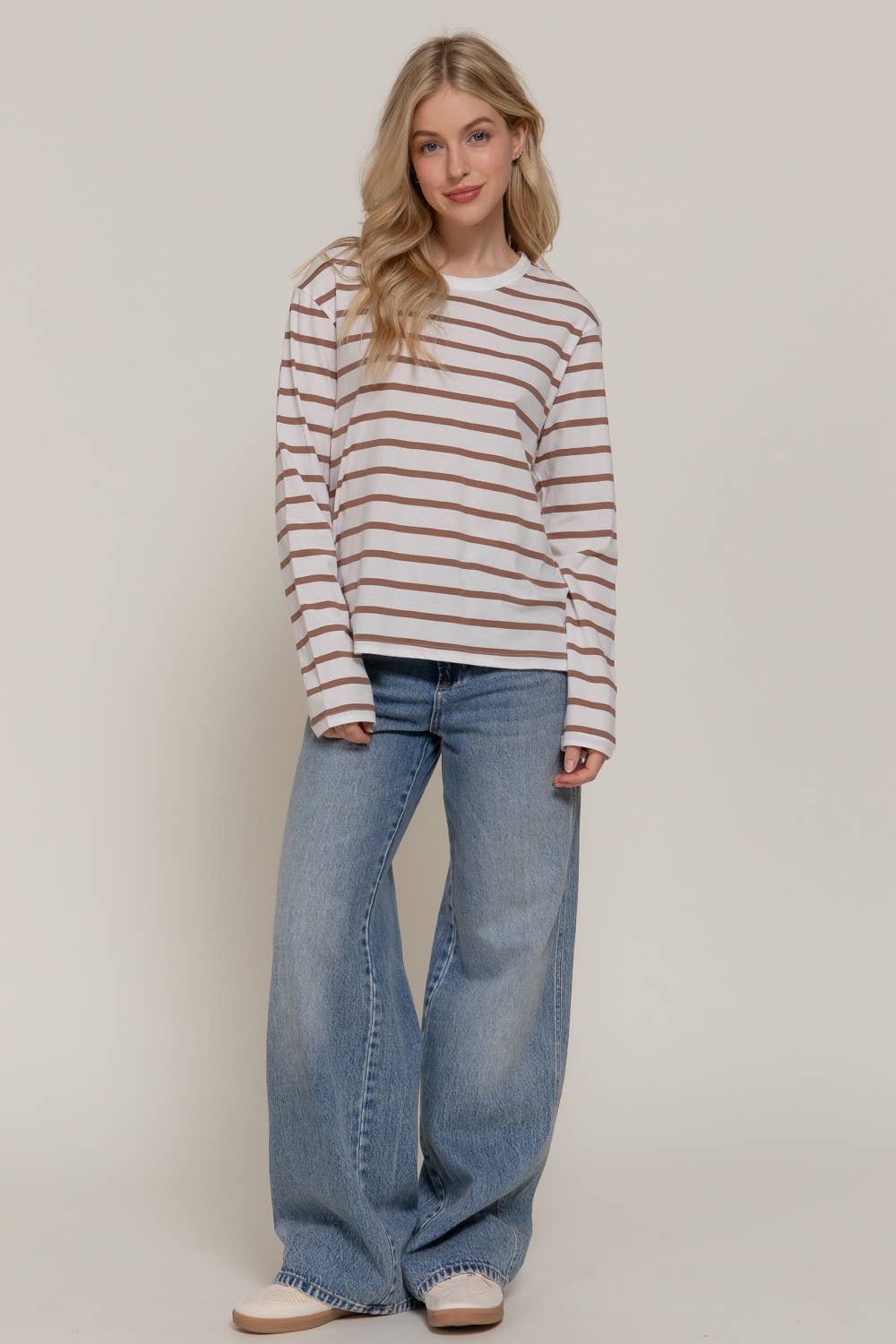 Long Sleeve Round Neck Khaki Stripe Tee