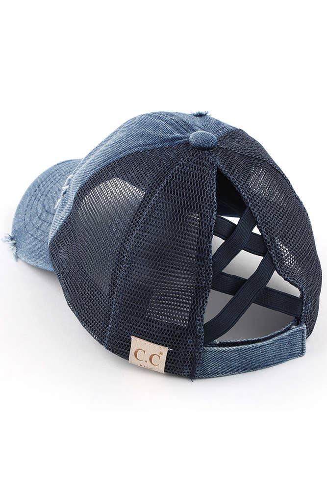 C.C Kids Washed Denim Elastic Band Crossed Pony Cap: Black