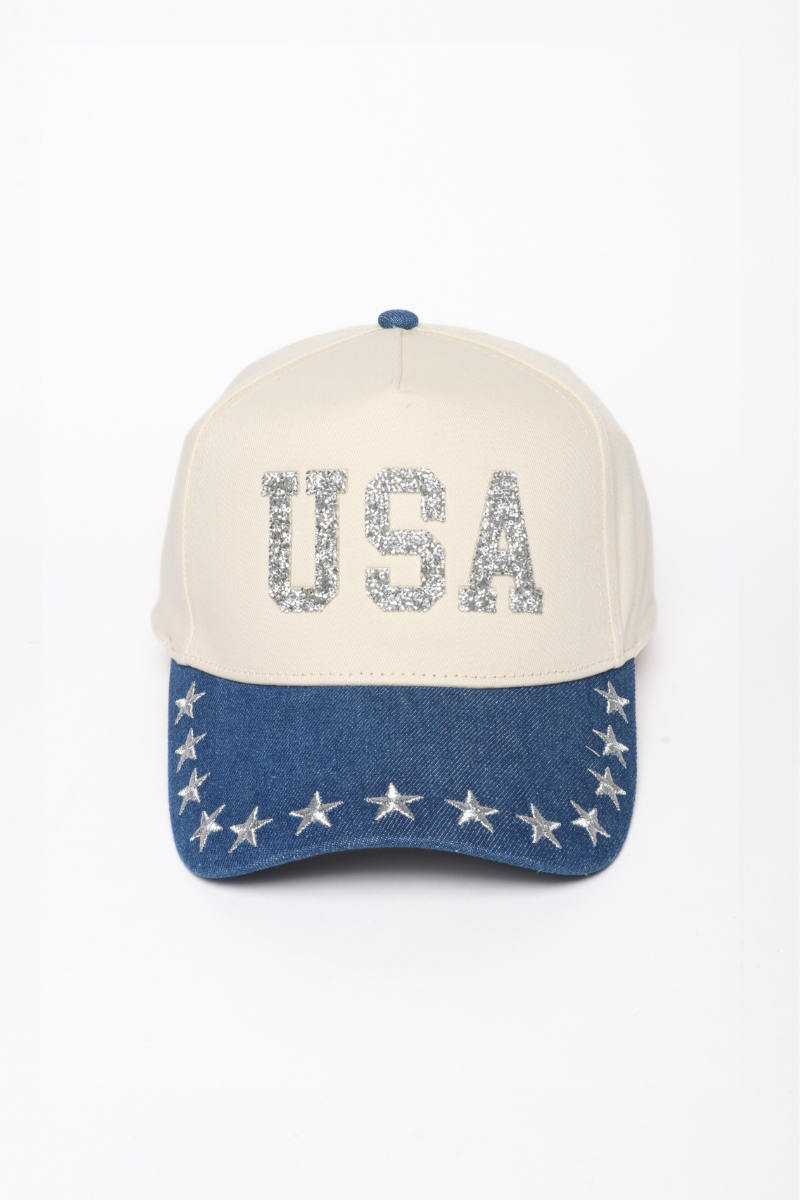AMERICANA USA Patch Stars Embroidered Brim Two Tone Cap: Light Denim