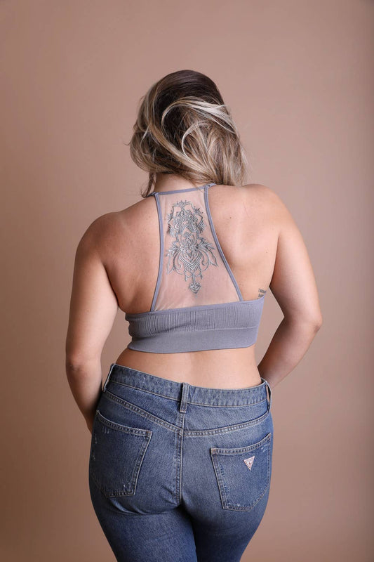 Tattoo Mesh Racerback Bralette: GRAY