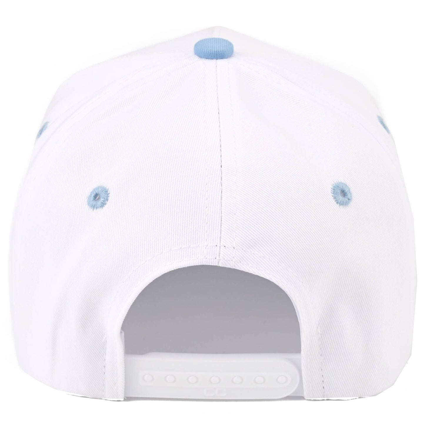 C.C LAKE Letter Embroidered Two Tone Trucker Hat: Sky Blue/White