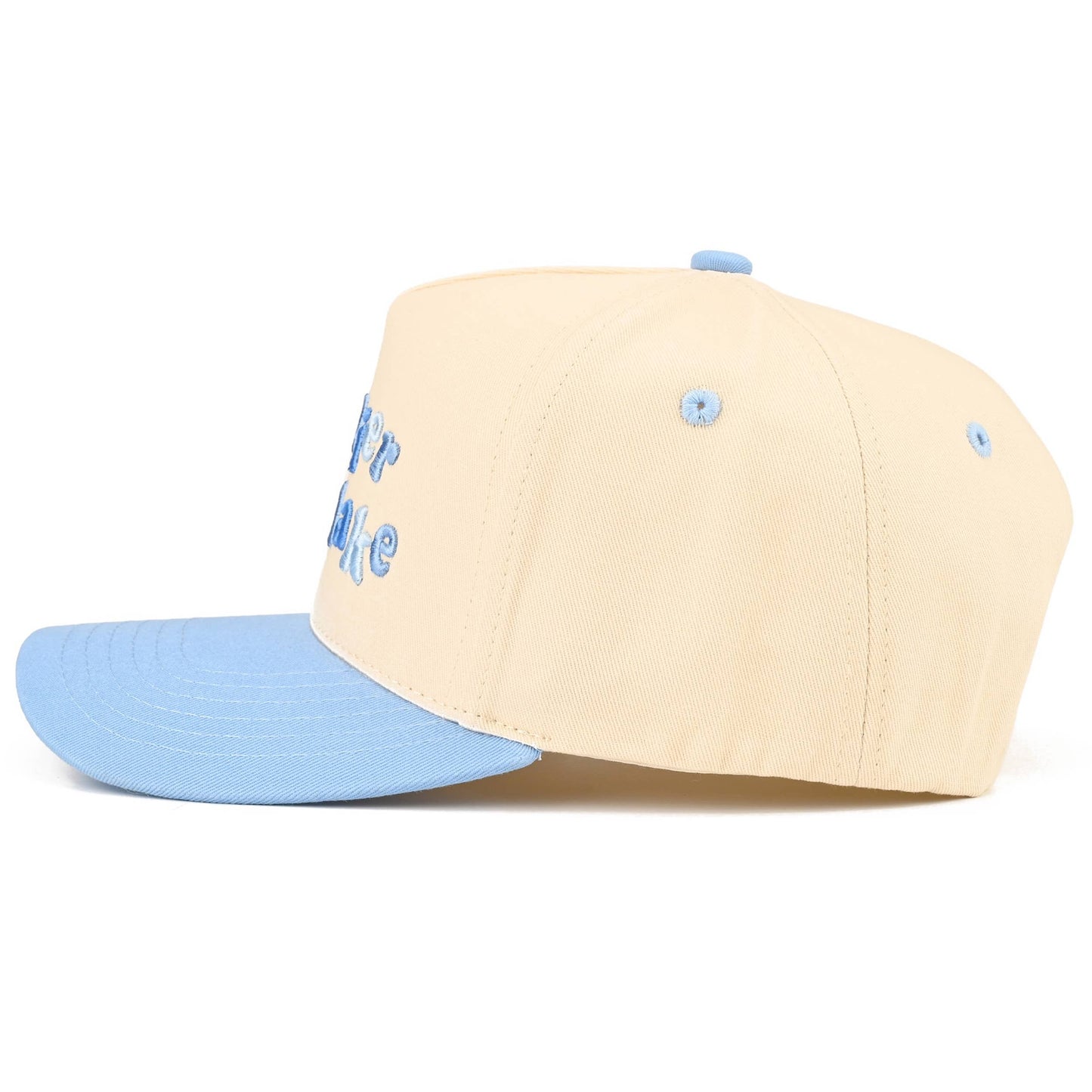 C.C HAPPIER AT THE LAKE Letter Two Tone Trucker Hat: Sky Blue