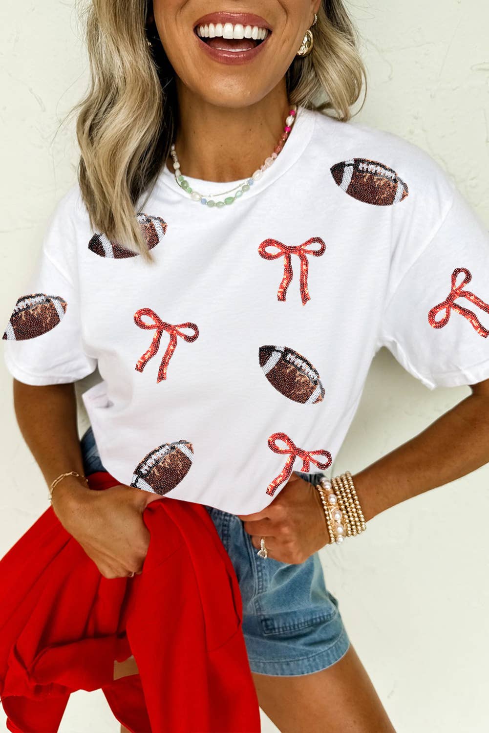 LDC Sequins Game Day Round Neck Short Sleeve T-Shirts: White / M
