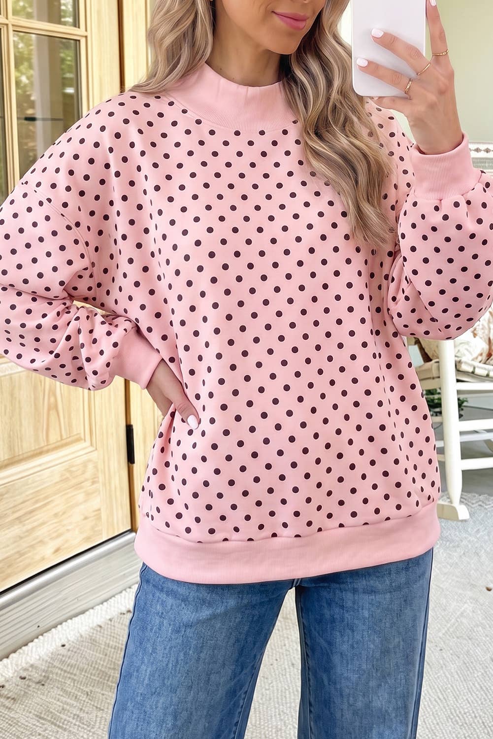 66 Plus Size F/W 26 Polka Dot Mock Neck Sweatshirt (S-4X): White / 2X