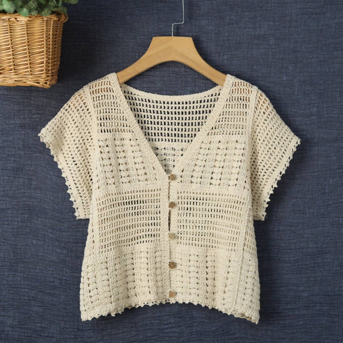 Beige Hollow-Out Knit Short-Sleeve Cardigan