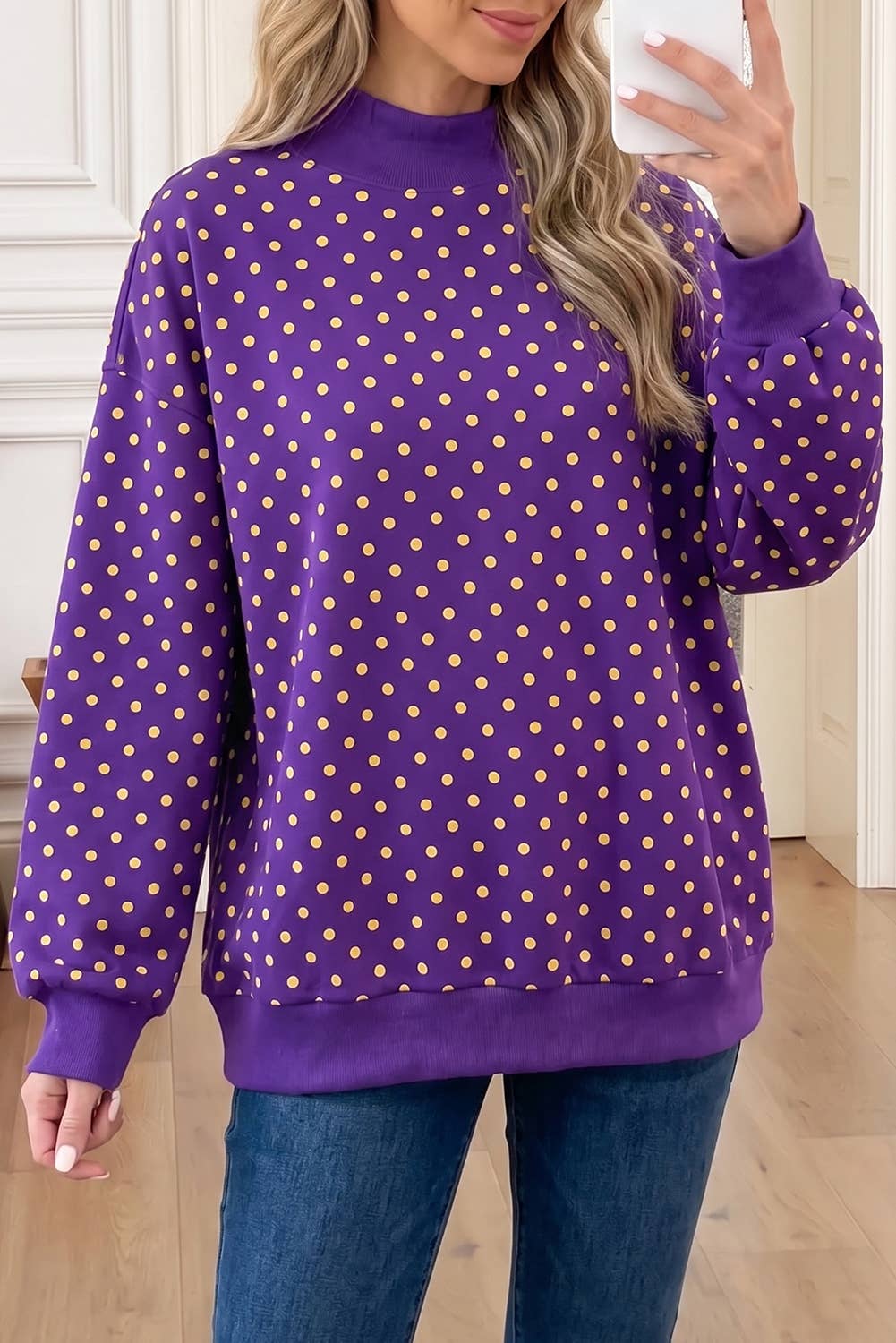 66 Plus Size F/W 26 Polka Dot Mock Neck Sweatshirt (S-4X): White / 2X