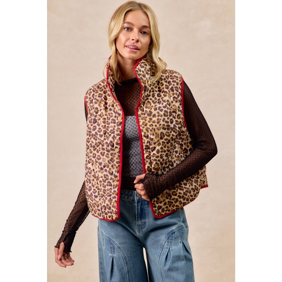 LEOPARD PRINT PIPING DETAIL QUILTED VEST: LEOPARD/BLACK / S