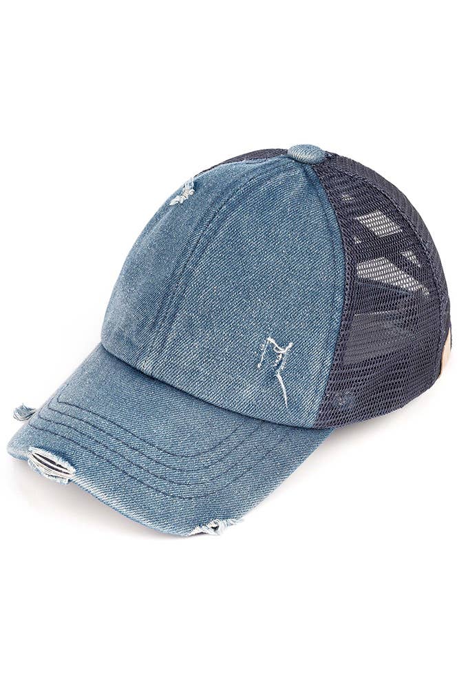 C.C Kids Washed Denim Elastic Band Crossed Pony Cap: Black