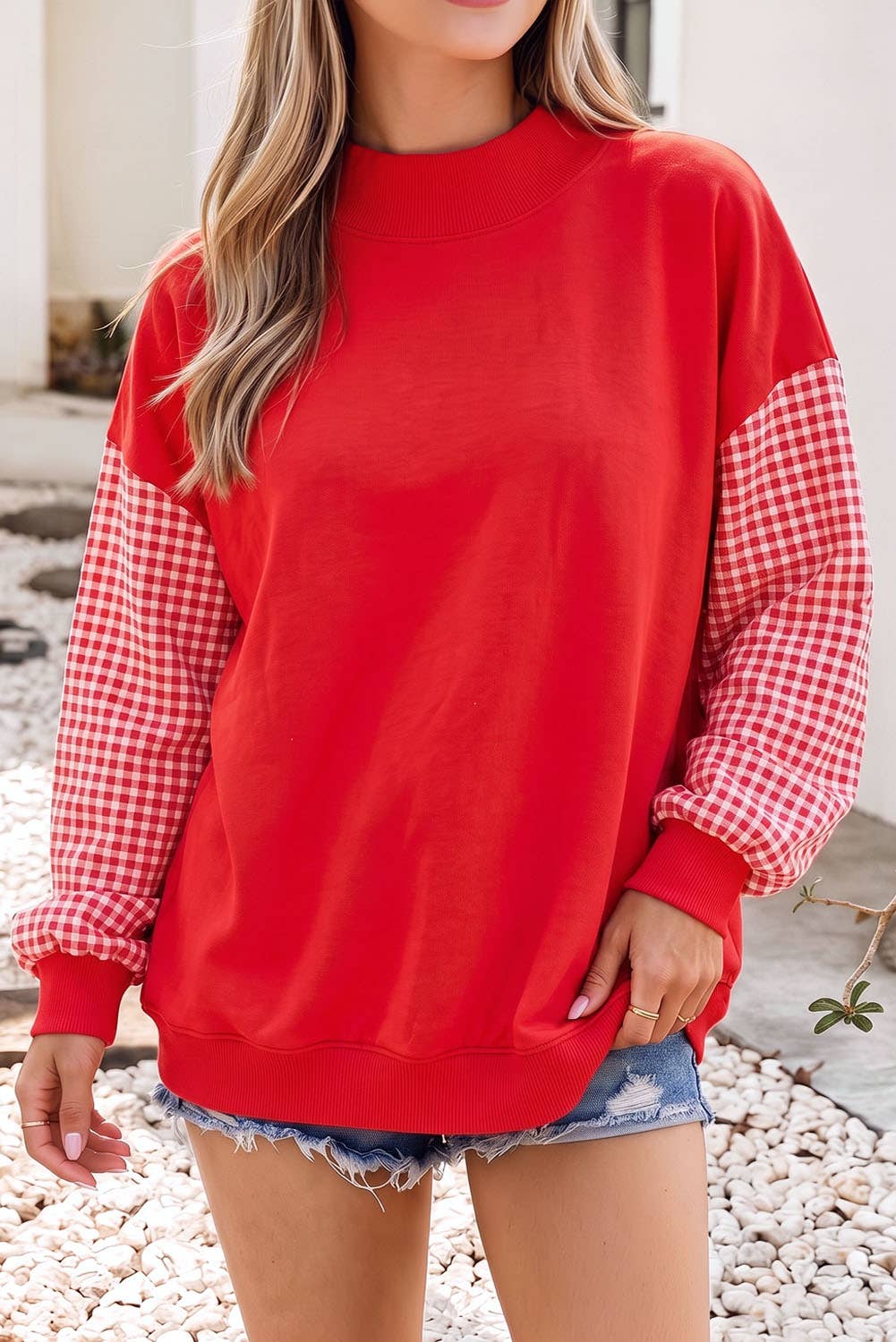 Plaid Sleeve Colorblock Mock Neck Sweatshirt Red