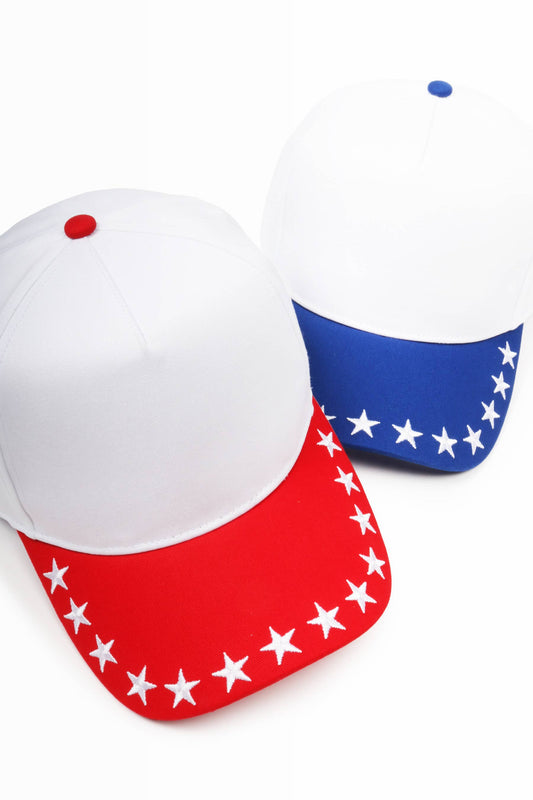 STARS Embroidered Brim Two Tone 5 Panel Cap: Red