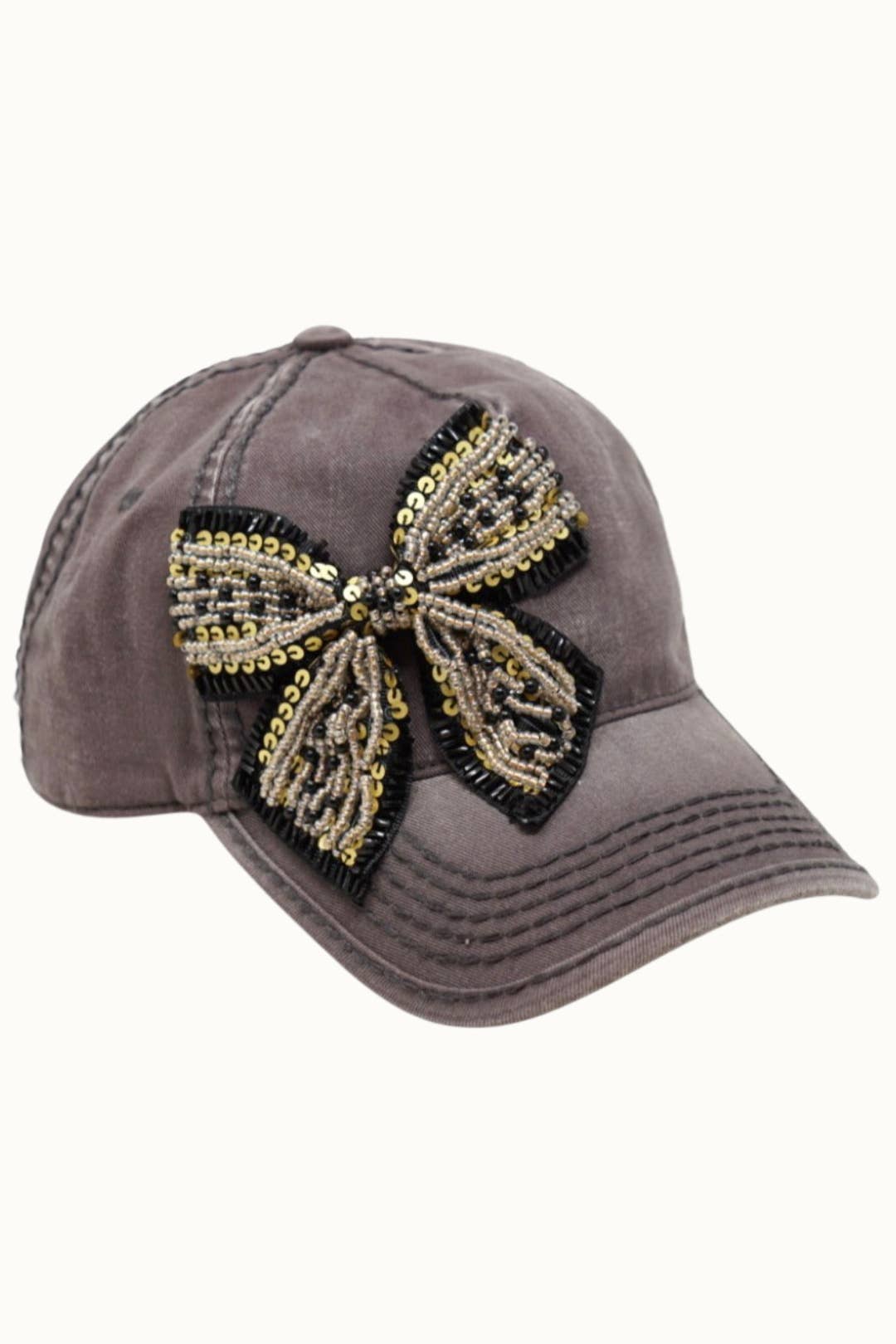 Bejeweled Bow Pearl Bling Glitz Ponytail Cap, Adjustable
: Black