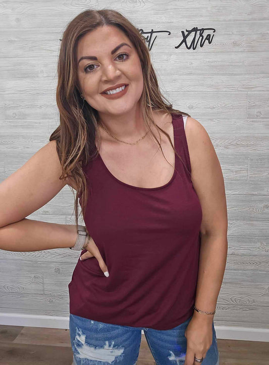 BURGANDY ROUND NECK & HEM TANK