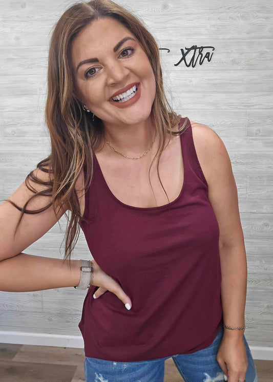 BURGANDY ROUND NECK & HEM TANK