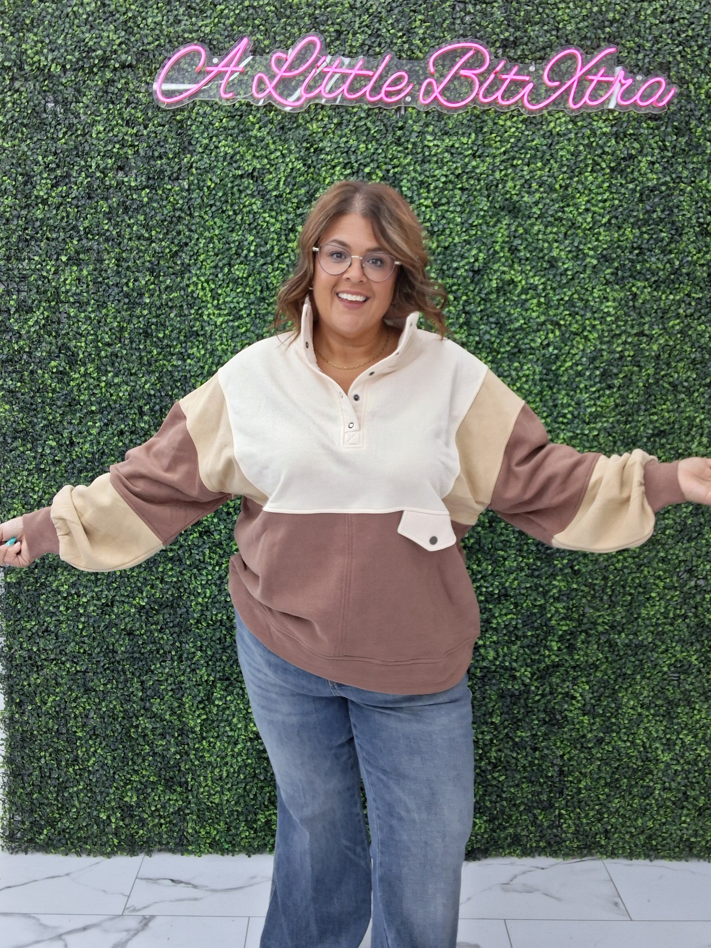 Brown Color Block Button Sweatshirt