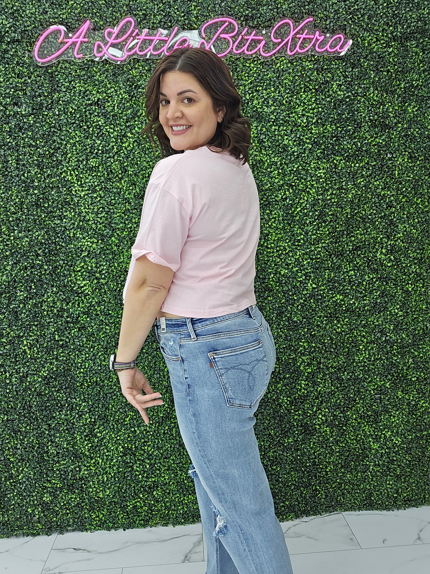 Crew Neck Oversized Crop Tee Pink