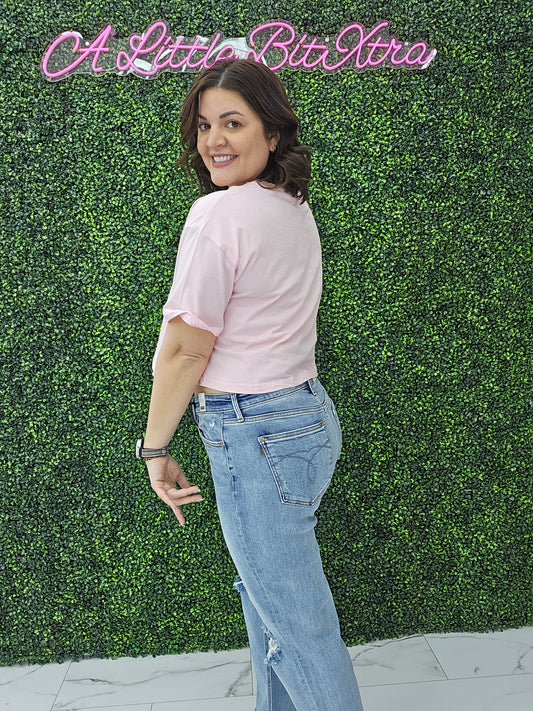Crew Neck Oversized Crop Tee Pink