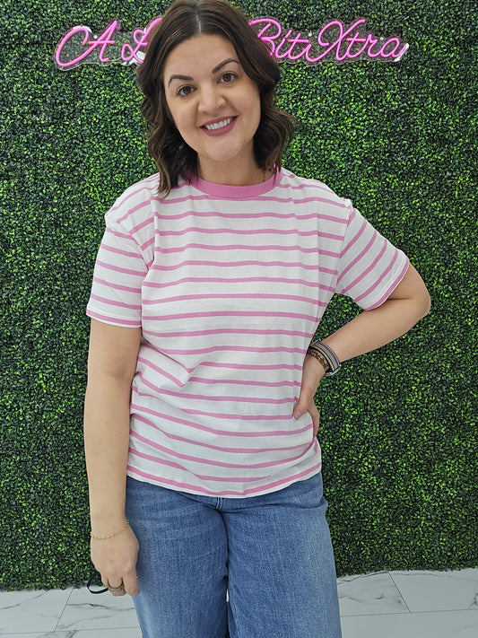 Short Sleeve Stripe Oversized Tee Pink