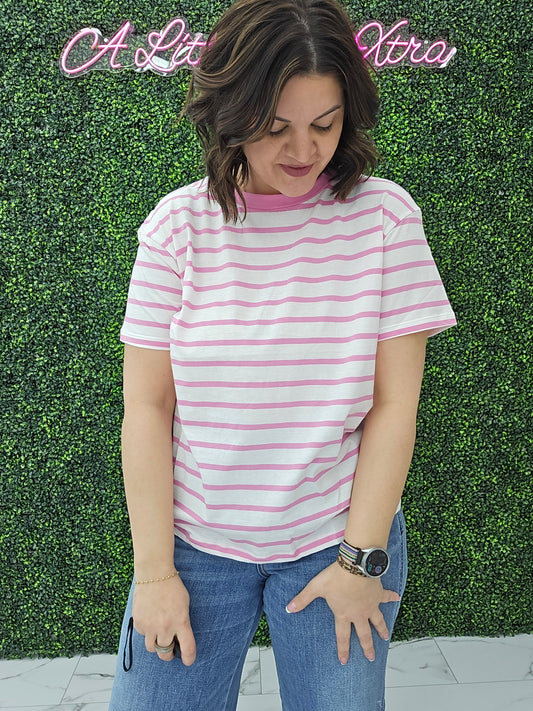Short Sleeve Stripe Oversized Tee Pink
