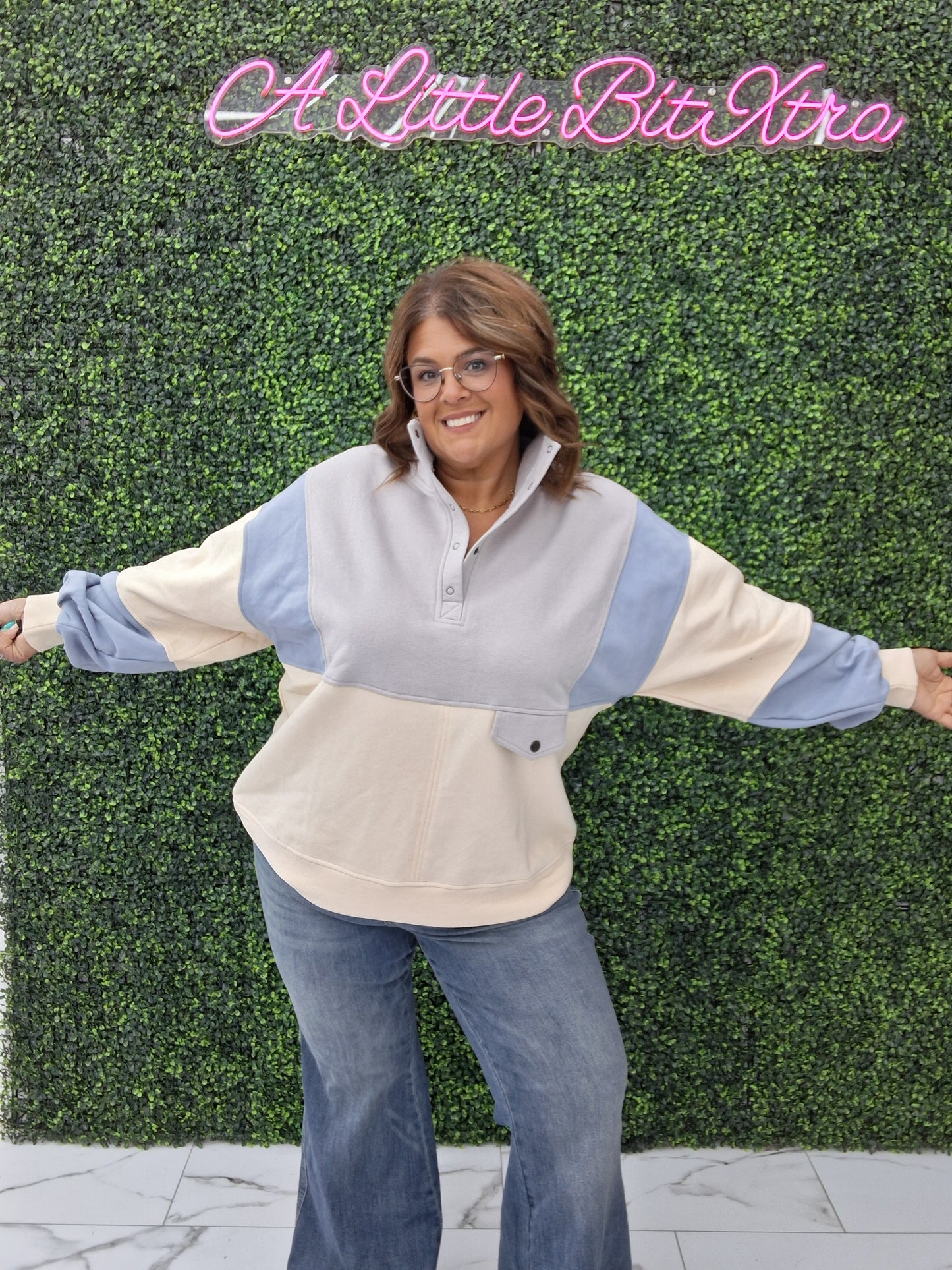 Grey Color Block Button Up Sweatshirt