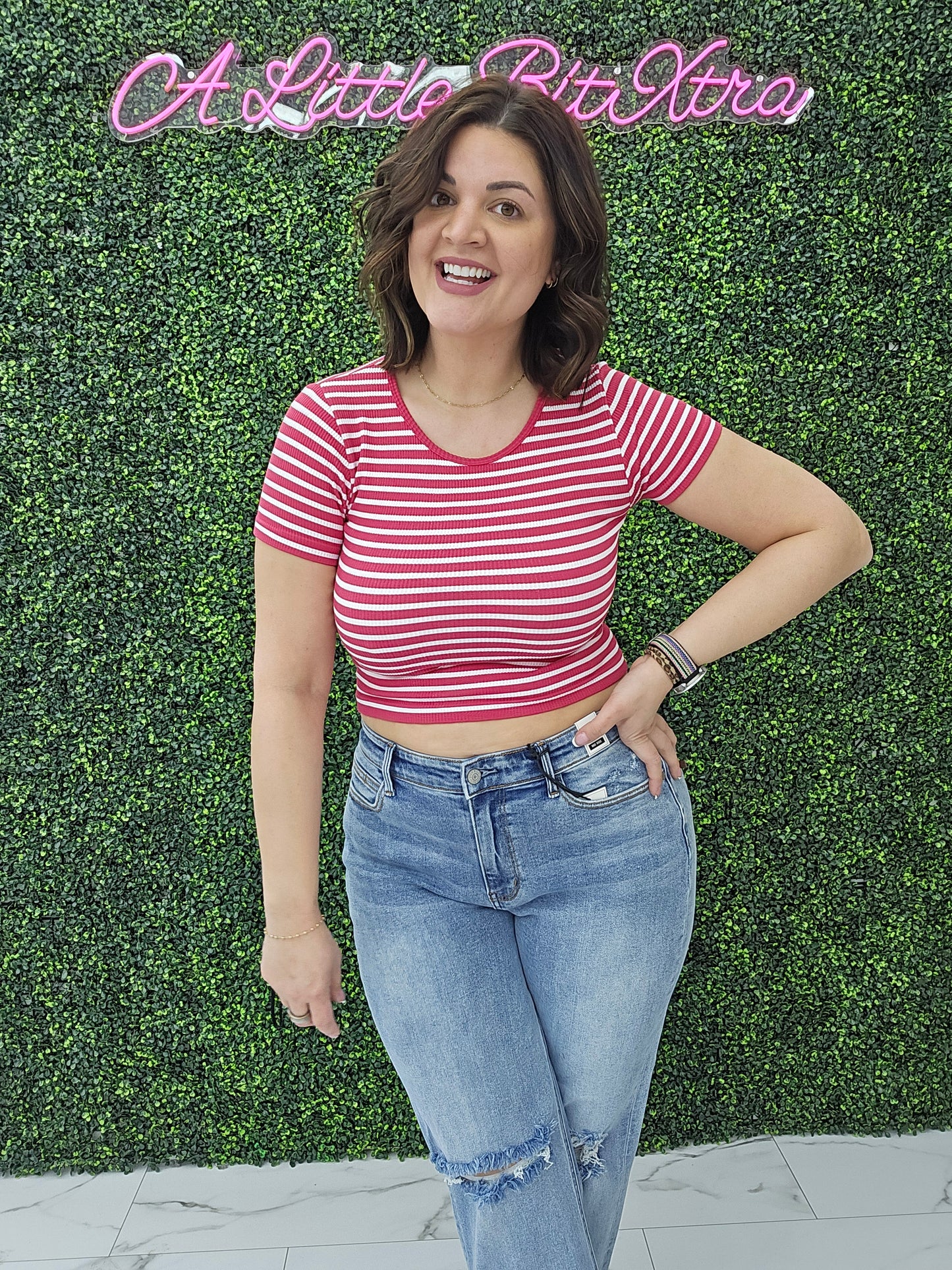 Crew Neck Stripe Seamless Rib Tee Magenta