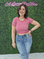Crew Neck Stripe Seamless Rib Tee Magenta