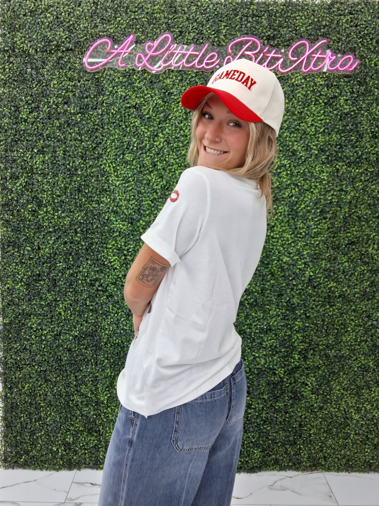Sequins Game Day Round Neck Short Sleeve Top : White