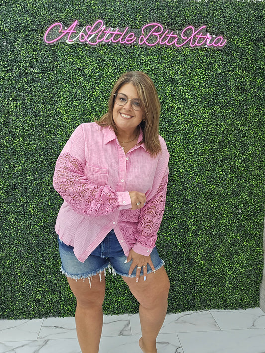 Mineral Washed Shacket With Lace / Pink