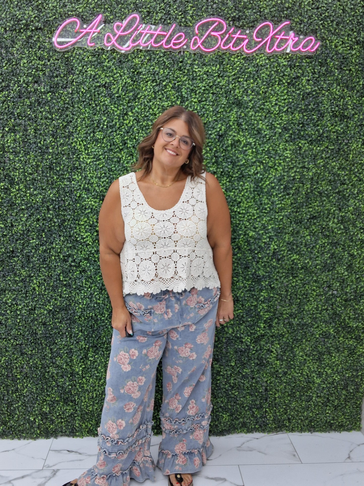 Floral Denim With Ruffles Wide Leg Pants