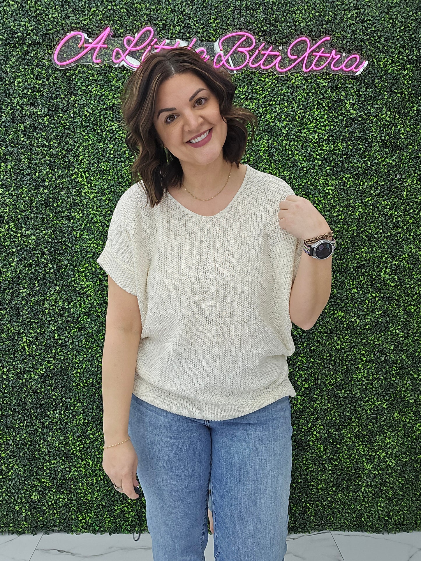 BOXY CHUNKY KNIT SHORT SLEEVE SWEATER CREAM