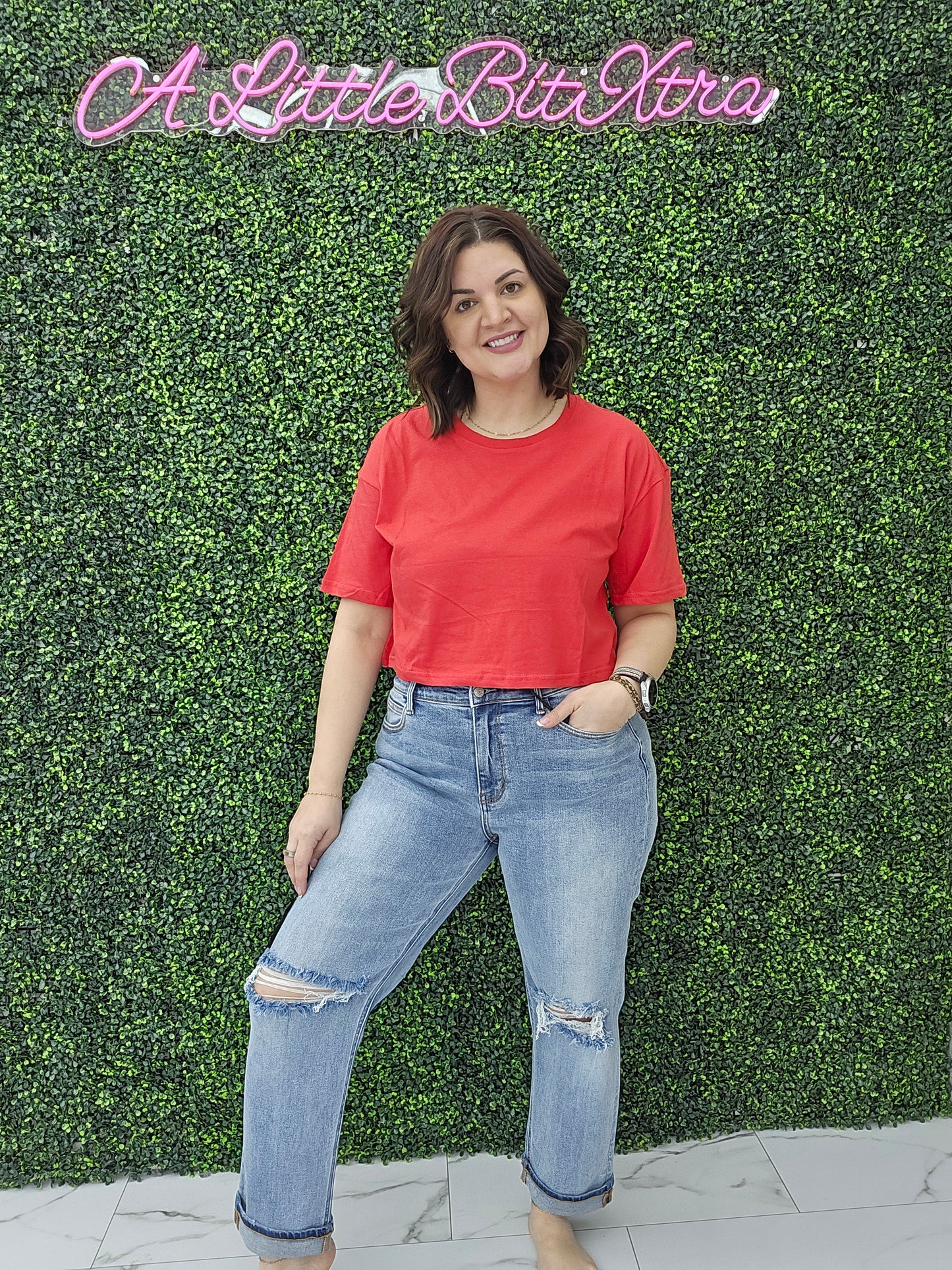 Crew Neck Oversized Crop Tee Red