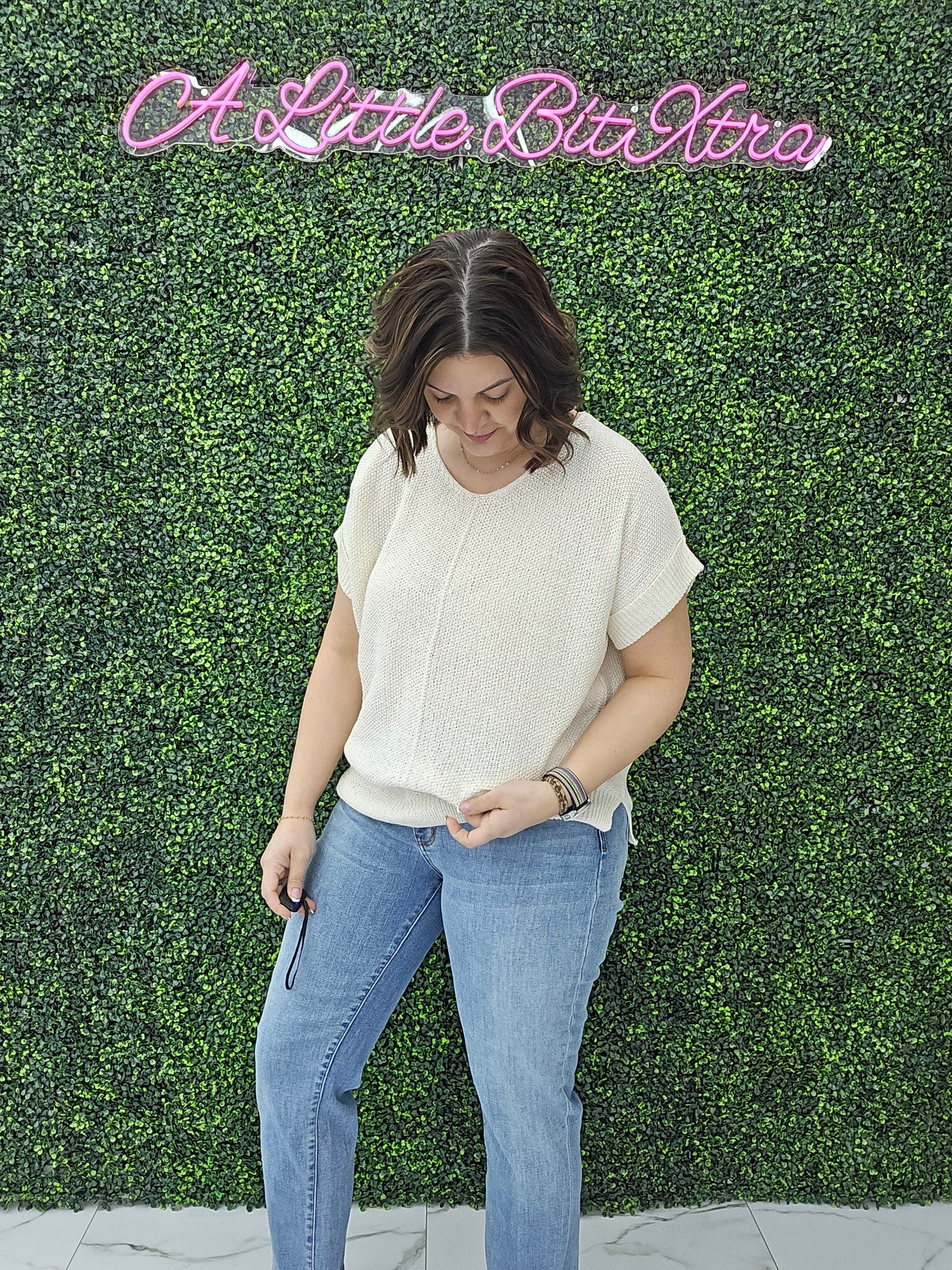 BOXY CHUNKY KNIT SHORT SLEEVE SWEATER CREAM