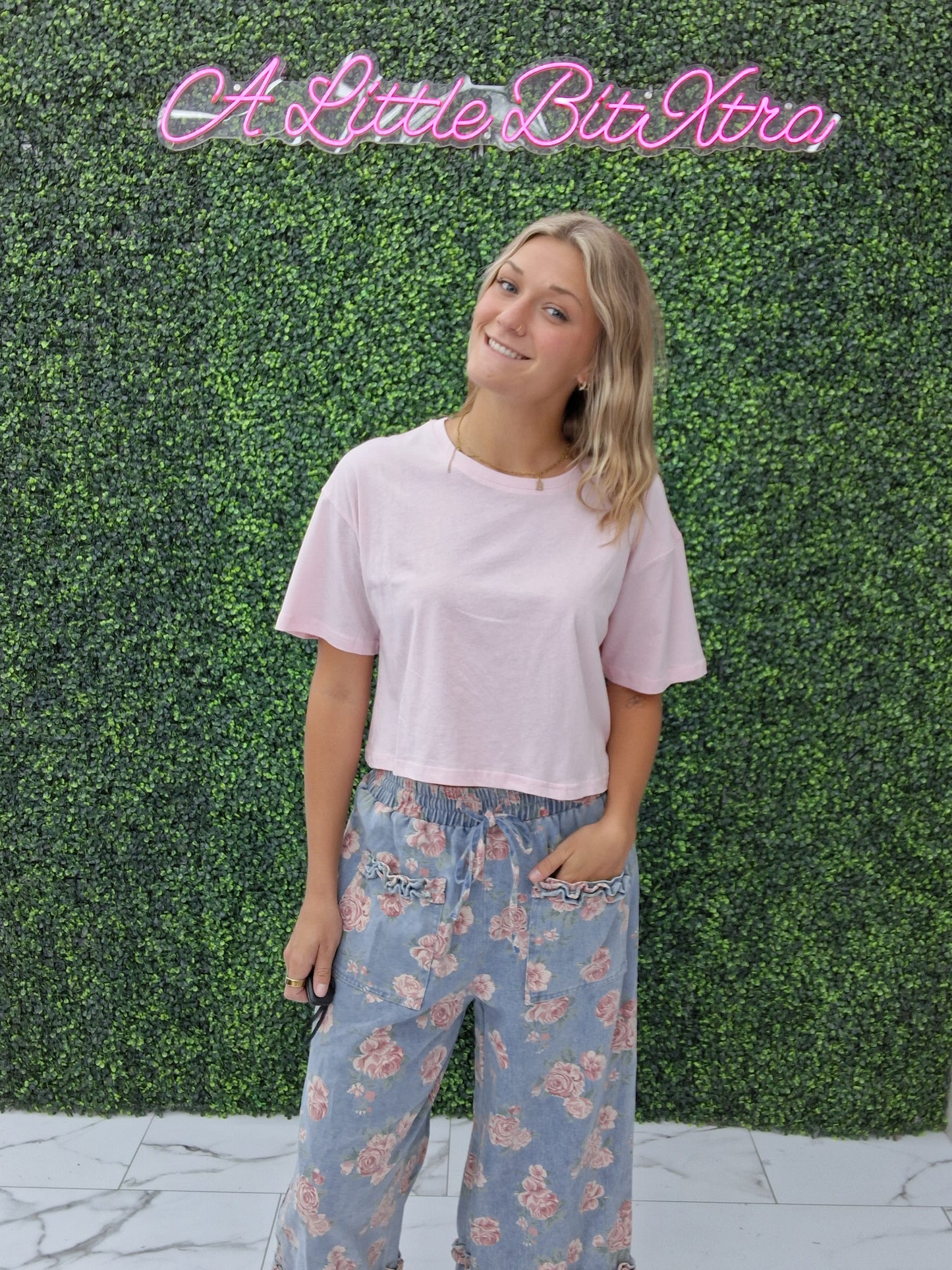 Floral Denim With Ruffles Wide Leg Pants