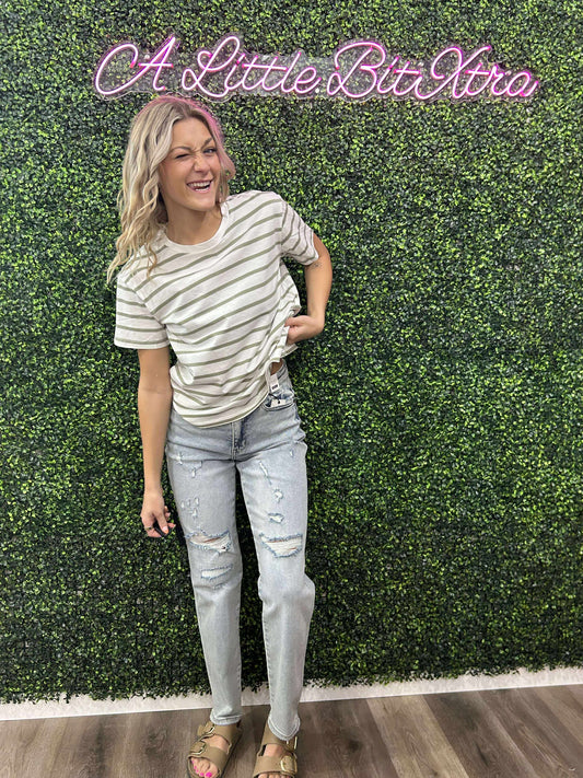 Short Sleeve Crew Neck Sage Stripe Oversize T-Shirt