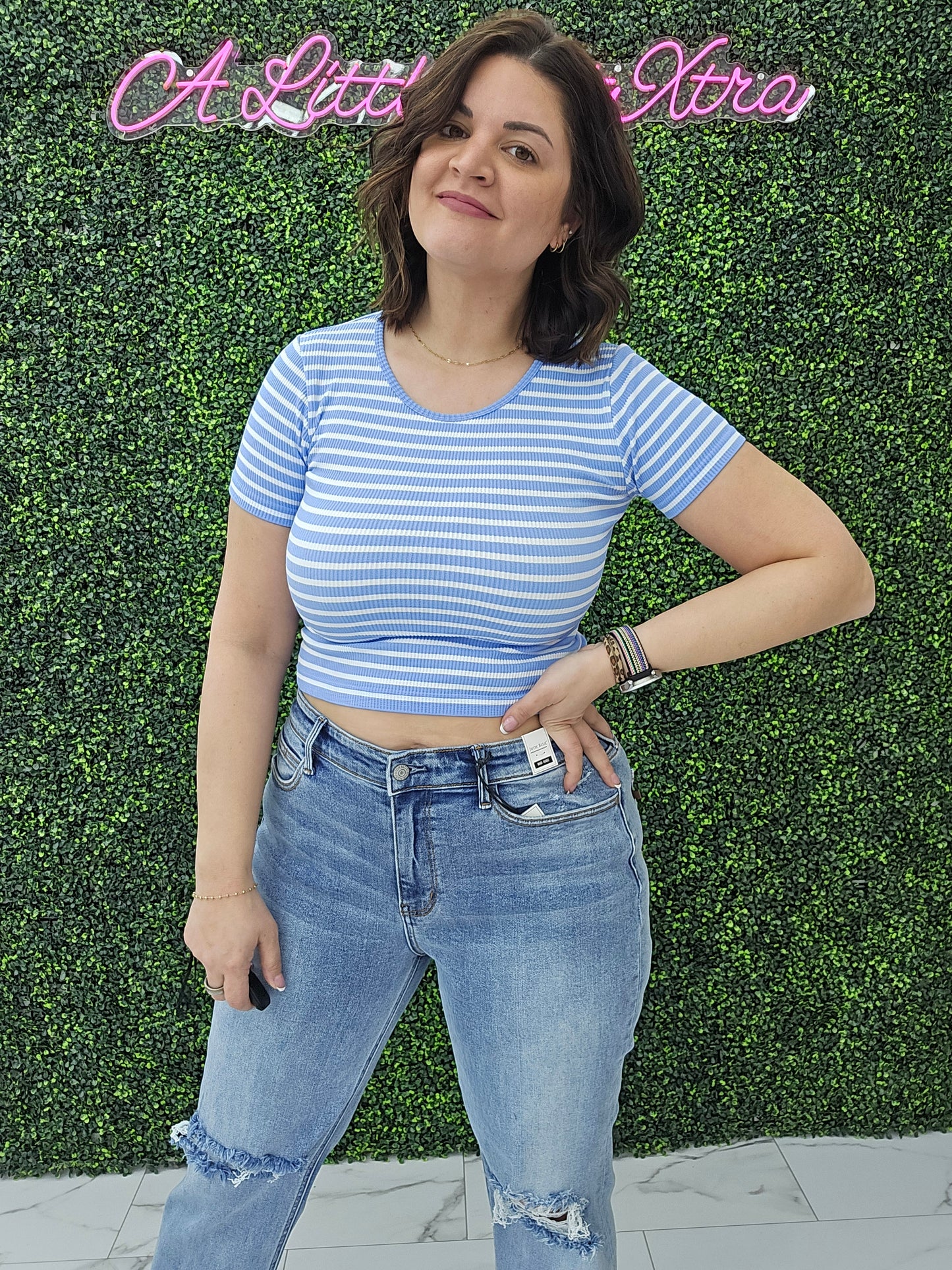 Crew Neck Stripe Seamless Rib Tee Blue
