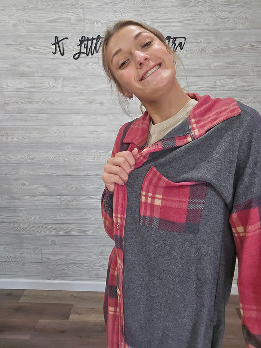 RED PLAID COLORBLOCK SHACKET