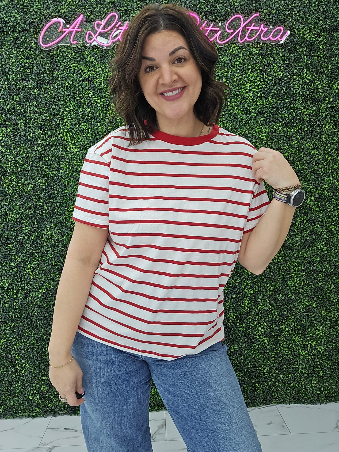 Short Sleeve Stripe Oversized Tee Red