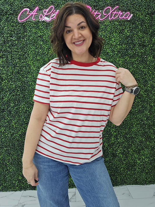 Short Sleeve Stripe Oversized Tee Red