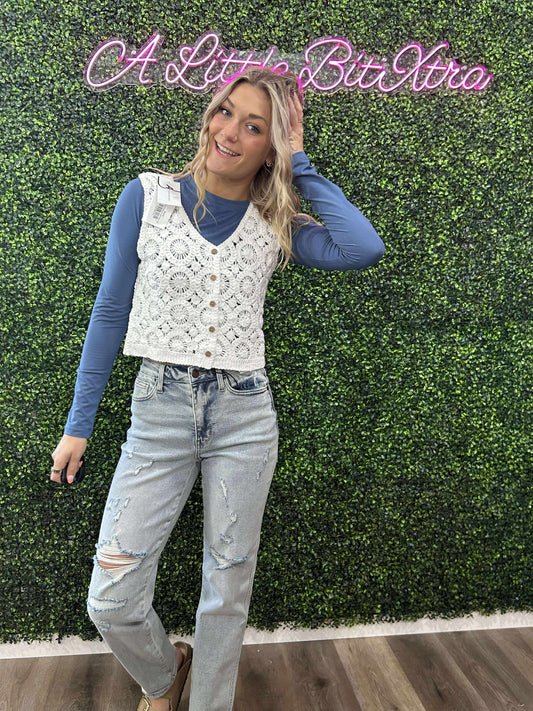 White V-Neck Crochet Vest