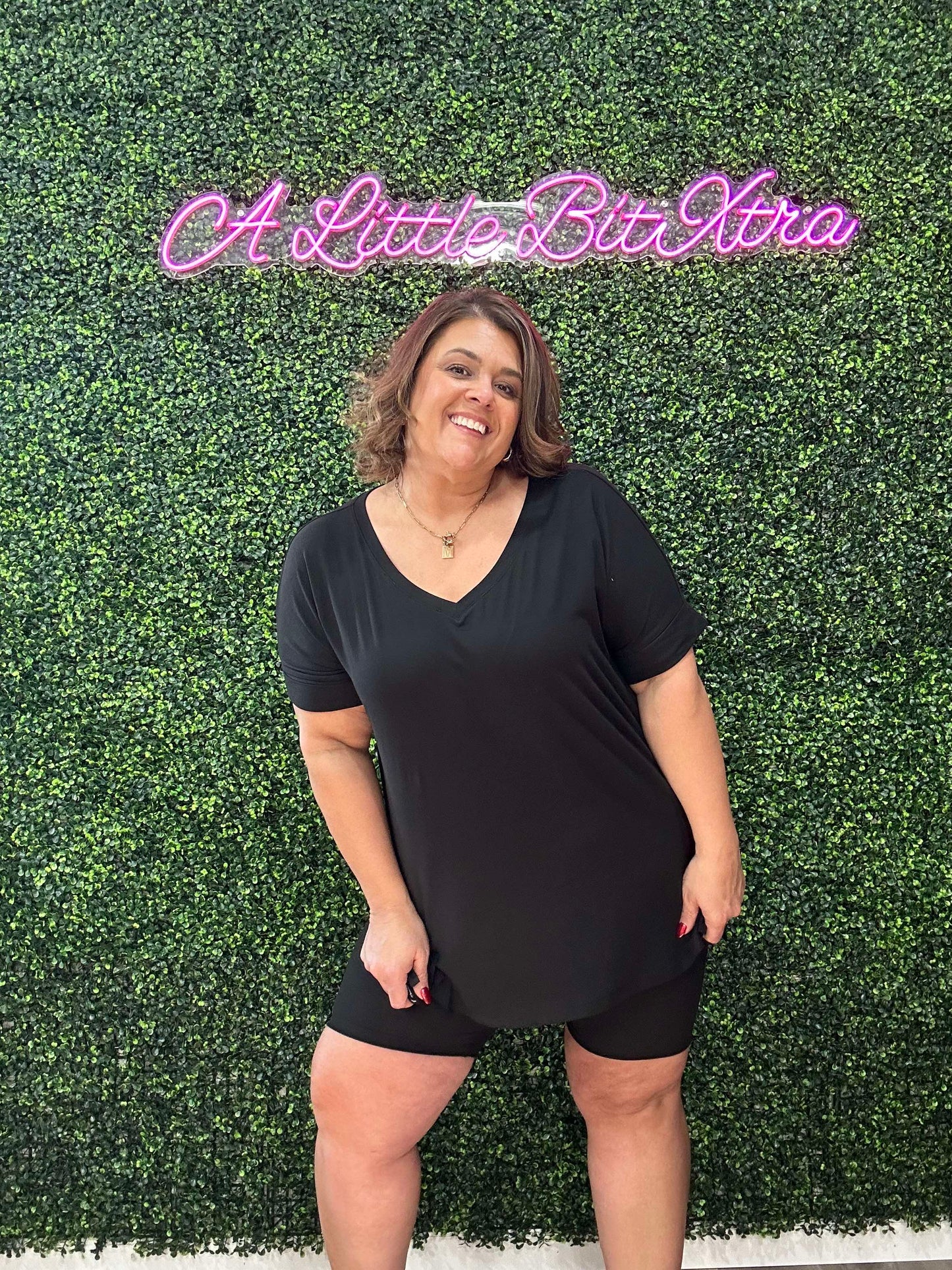 BLACK MICROFIBER V-NECK TOP & BIKER SHORTS